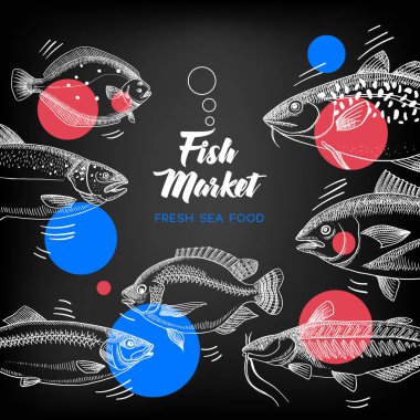 El çizimi, balık çiftliği seti. Vektör siyah ve beyaz vintage çizimler