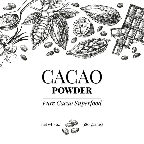손으로 스케치 코코아 초콜릿 식품에 빈티지 카카오 가루의 디자인 — 스톡 벡터