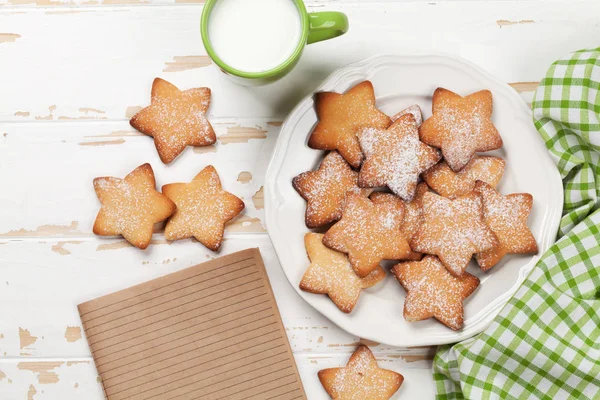 Cookies Milk White Wooden Table Top View Space Your Text — Stock Photo, Image