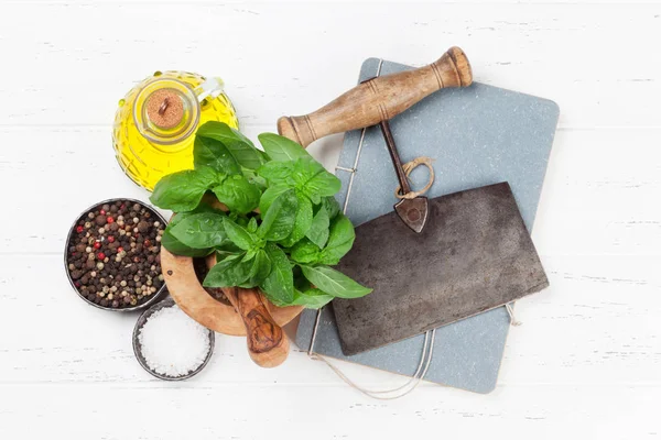 Italian Cuisine Basil Olive Oil Spices Cooking Top View Space — Stock Photo, Image