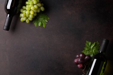 Şarap şişeleri ve üzüm. Metin alanı olan üstten görünüm