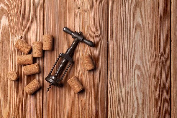 Vintage Wine Corkscrew Corks Wooden Table Top View Space Your — Stock Photo, Image