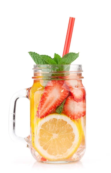 Fresh Lemonade Jar Summer Fruits Berries Isolated White Background — Stock Photo, Image