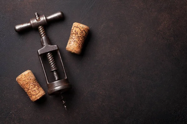 Vintage Wine Corkscrew Corks Stone Background Top View Space Your — Stock Photo, Image