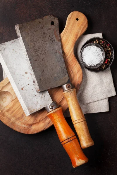 Řezník Nože Vintage Maso Koření Nad Kamennou Desku Pohled Shora — Stock fotografie
