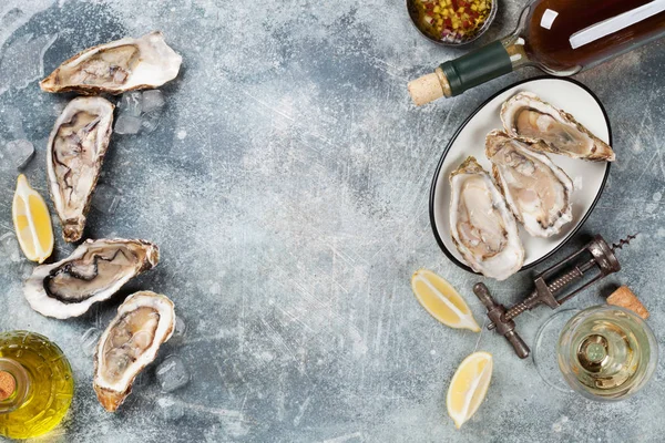 石桌上的新鲜牡蛎和白葡萄酒 具有文本空间的顶部视图 — 图库照片
