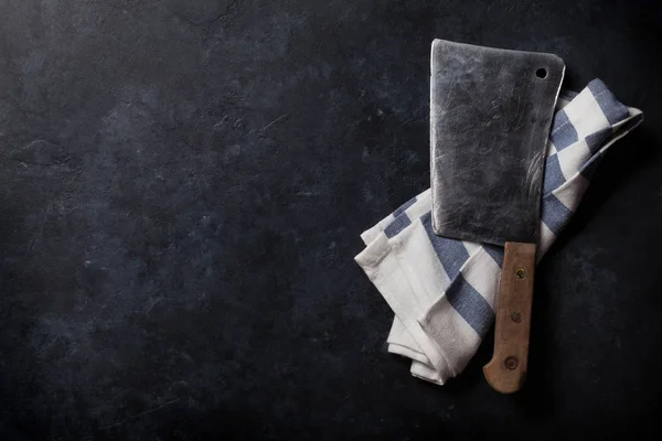 Butcher. Vintage meat knife over stone table. Top view with space for your text — Stock Image Butcher Vintage Meat Knife Stone Table Top View Space Your Stock Picture