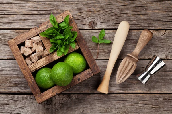 Mojito Cocktail Ingredients Bar Accessories Box Wooden Table Top View — Stock Photo, Image