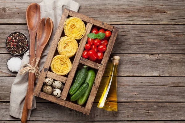 Pasta Ingredients Tomatoes Basil Cucumbers Spices Cooking Concept Top View — Stock Photo, Image