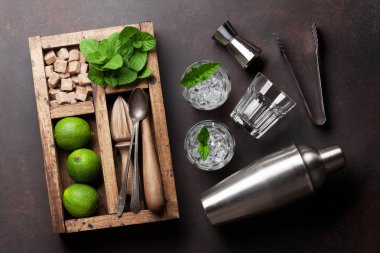 Mojito kokteyl malzemeler ve bar aksesuarları kutusu. Üstten görünüm