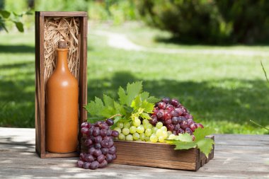 Şarap şişesi kutusu ve üzüm. Açık natürmort