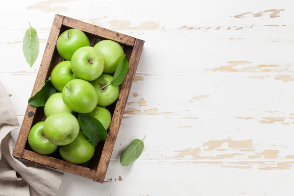 Pommes Vertes Mûres Dans Une Boîte Bois Vue Dessus Avec — Photo