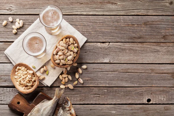 Lager Beer Snacks Stone Table Nuts Salted Fish Top View — Stock Photo, Image