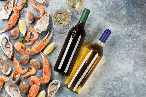 Seafood Oysters Lobster Clams White Wine Top View Stone Table — Stock Photo, Image