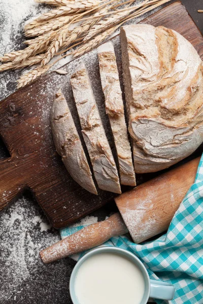 Homemade Crusty Bread Cup Milk Top View — Stock Photo, Image