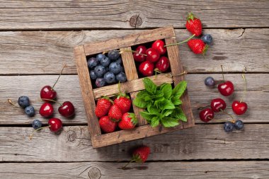 Taze yaz meyveleri kutusu. Kiraz, yaban mersini, çilek ve nane. Metin alanı olan üstten görünüm