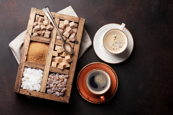 Tazze Caffè Vari Zucchero Vista Dall Alto Con Spazio Testo — Foto Stock