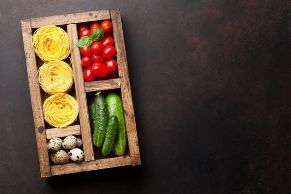 Pasta Ingredients Tomato Basil Cucumber Cooking Concept Top View Space — Stock Photo, Image