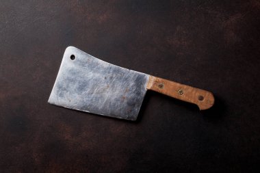 Kasap. Taş Masa üzerinde Vintage et bıçağı. Üstten Görünüm