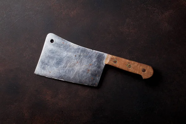 Kasap. Taş Masa üzerinde Vintage et bıçağı. Üstten Görünüm