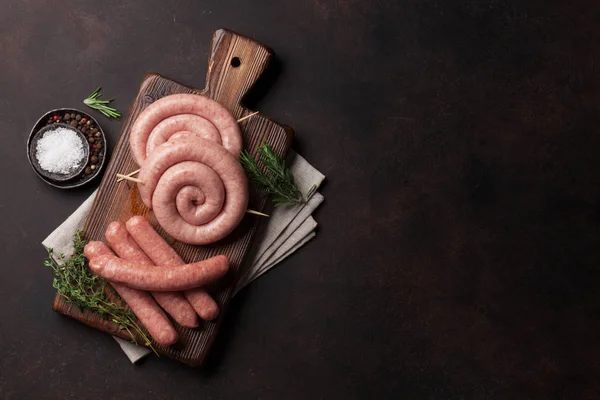 Raw Sausages Cooking Wooden Cutting Board Top View Space Your — Stock Photo, Image