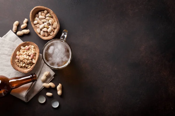 Lager Beer Snacks Stone Table Various Nuts Top View Copy — Stock Photo, Image