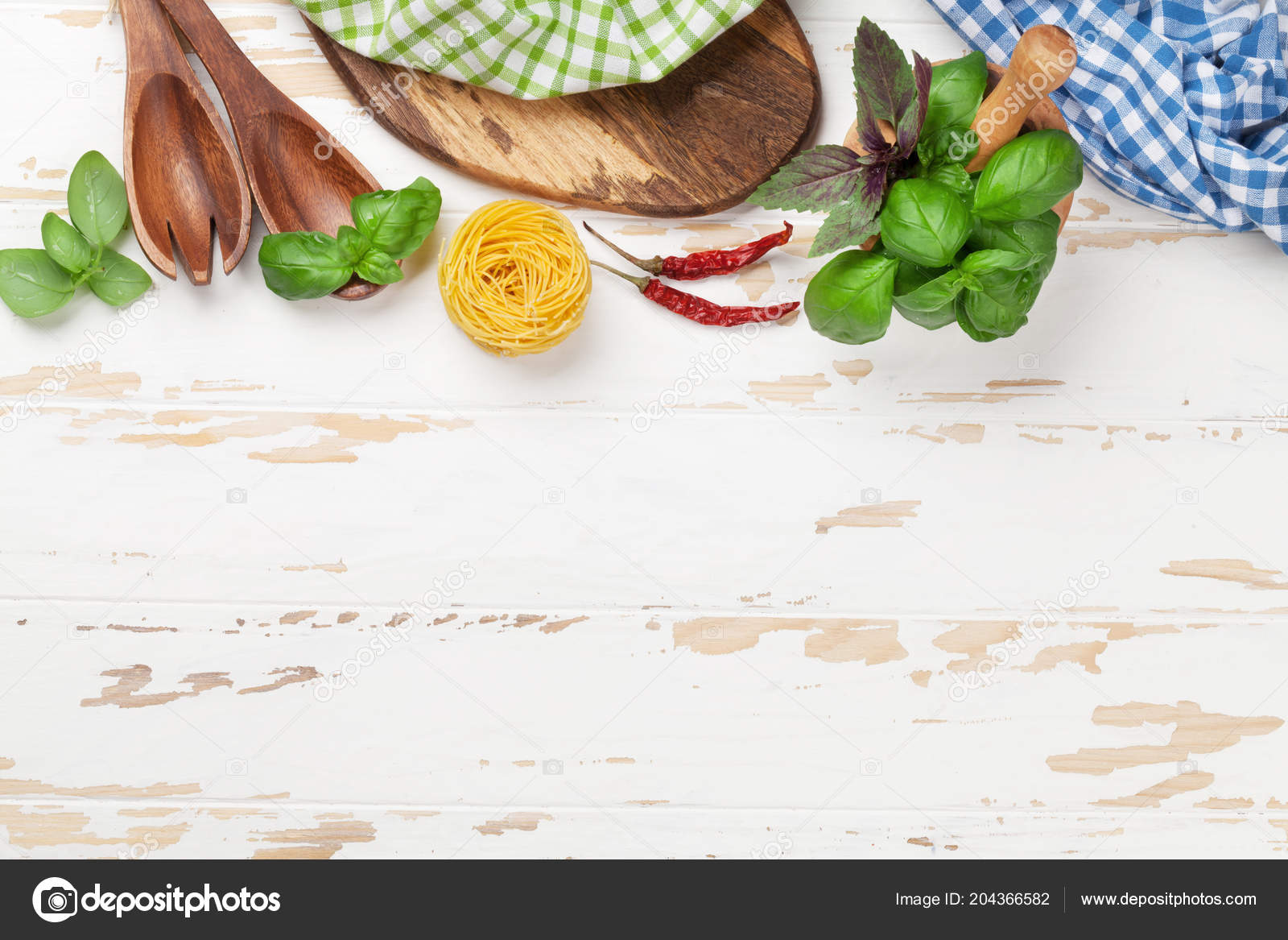 Table Cuisine Avec Ustensiles Ingrédients Sur Bois Blanc Vue