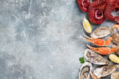 Deniz ürünleri. Ahtapot, istiridye, ıstakoz, karides, istiridye yemek. Senin metin için yer ile taş tabloda Üstten Görünüm