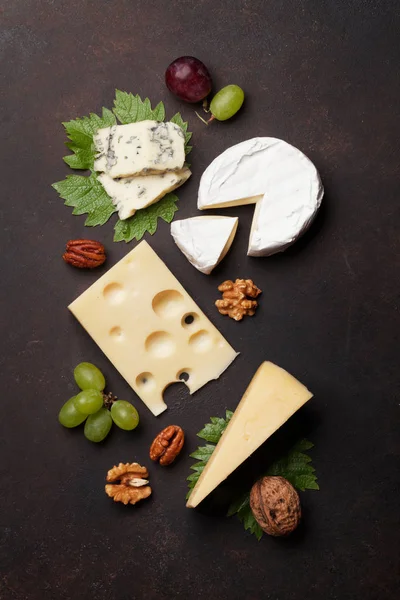 Peynir Üzüm Fındık Şarap Snaks Üstten Görünüm — Stok fotoğraf