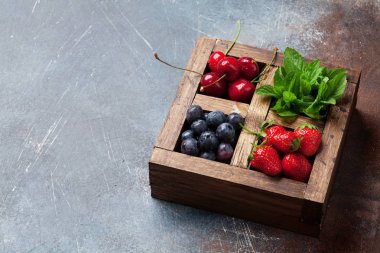 Taze yaz meyveleri kutusu. Kiraz, yaban mersini, çilek ve nane. Senin metin için ile yer