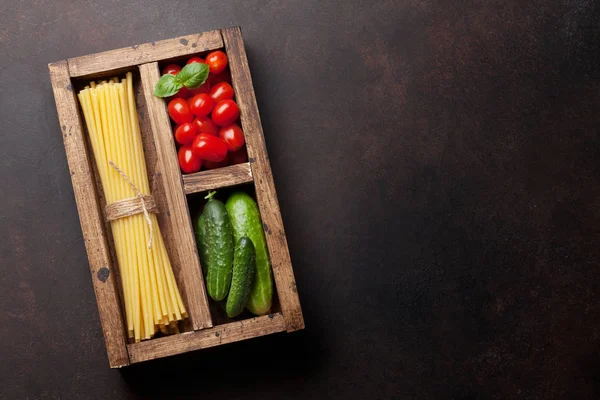 Pasta Ingredients Tomatoes Basil Cucumbers Cooking Concept Top View Space — Stock Photo, Image