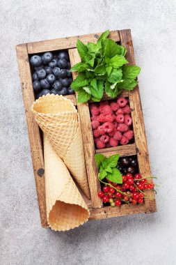 Dondurma Çilek ile yemek. Üstten görünüm