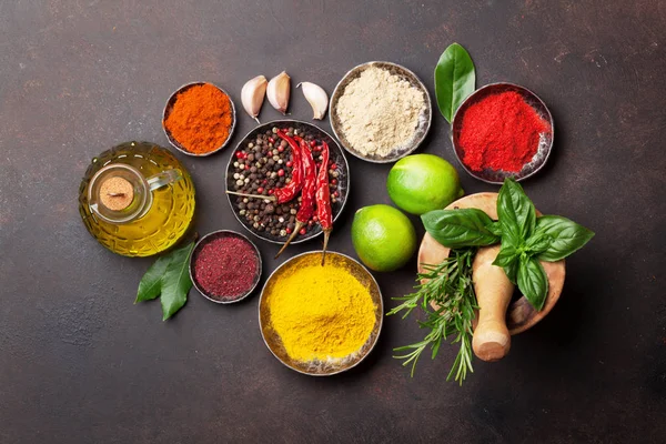 Various Spices Herbs Stone Table Top View — Stock Photo, Image