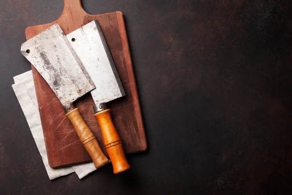 Carnicero Cuchillos Carne Vintage Tabla Cortar Sobre Tabla Piedra Vista — Foto de Stock