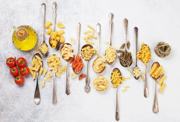 Various Pasta Spoons Cooking Concept Top View — Stock Photo, Image