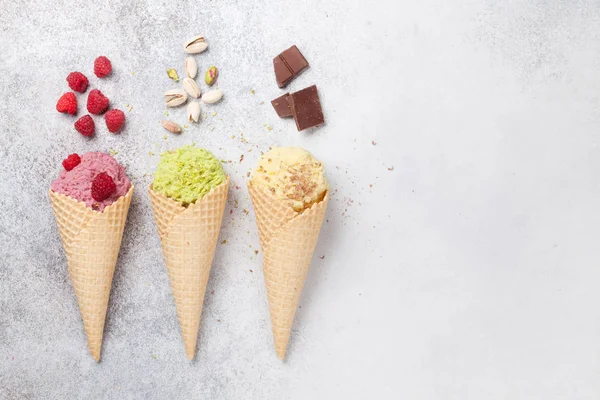 Ice Cream Diófélék Gyümölcsök Szöveg Szóközzel Felülnézet — Stock Fotó