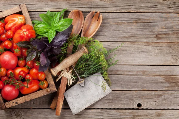 Frische Gartentomaten Mit Kräutern Die Auf Einem Holztisch Garen Ansicht — Stockfoto