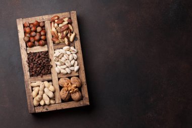 Çeşitli fındık seçim: fıstık, fındık, kestane, ceviz, Antep fıstığı ve pecans ahşap kutusunda. Metin alanı olan üstten görünüm