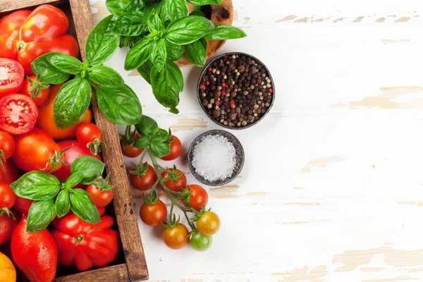 Fresh Garden Tomatoes Basil Cooking Table Top View Space Your — Stock Photo, Image