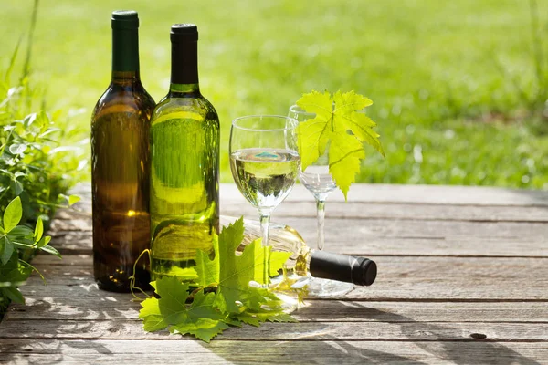 White Wine Bottles Wooden Table Outdoor Still Life Space Your — Stock Photo, Image