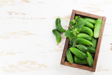 Tablo pişirme taze bahçe salatalık. Metin alanı olan üstten görünüm