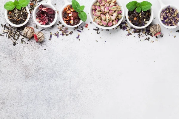 Various Tea Black Green Red Tea Bowls Top View Space — Stock Photo, Image