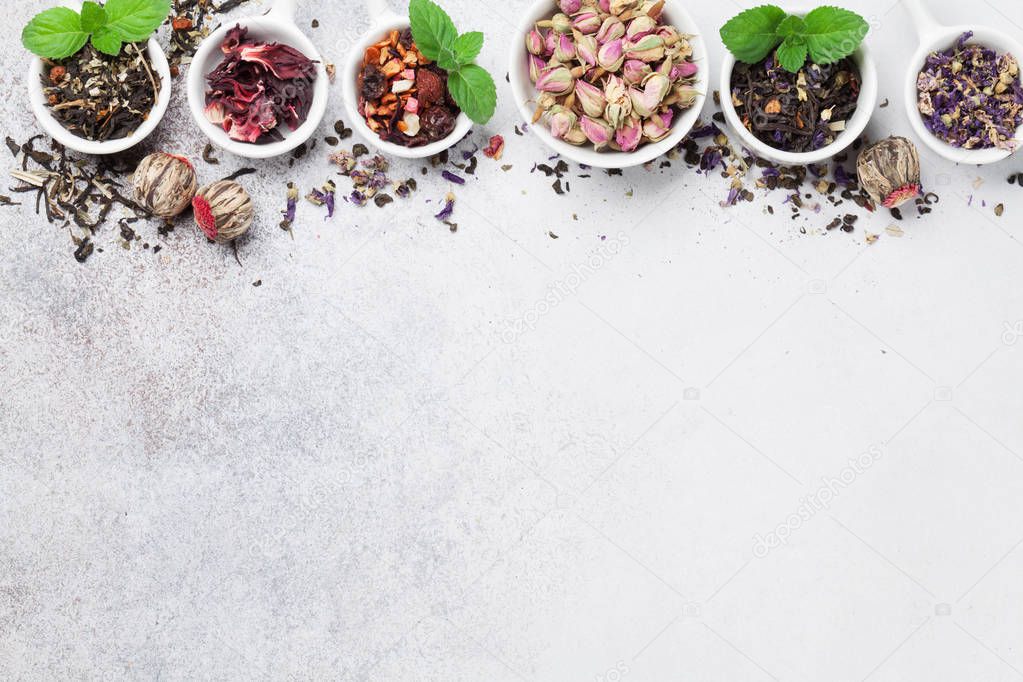 Various tea. Black, green and red tea in bowls. Top view with space for your text