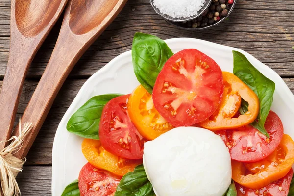 Domates Fesleğen Mozzarella Ile Caprese Salatası Üstten Görünüm Düz Lay — Stok fotoğraf