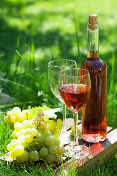 Garrafa Vinho Rosa Copos Uvas Livre Vinha Com Espaço Para — Fotografia de Stock