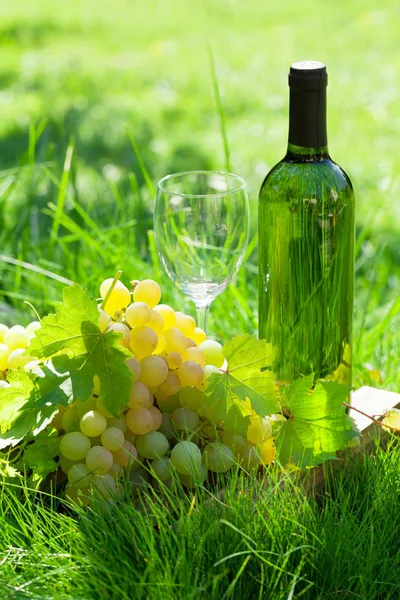 White Wine Bottle Glass Grapes Outdoor Vineyard Space Your Text — Stock Photo, Image