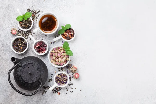 Various Tea Teapot Black Green Red Tea Bowls White Background — Stock Photo, Image