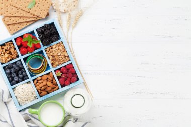 Sağlıklı kahvaltı müsli, çilek ve süt ile ayarlayın. Metin alanı olan üstten görünüm