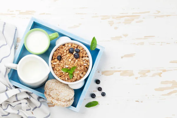 Petit Déjeuner Sain Composé Muesli Baies Lait Vue Dessus Avec — Photo