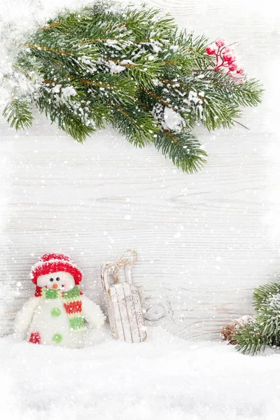 Christmas Snowman Sledge Toys Fir Tree Branch View Copy Space — Stock Photo, Image